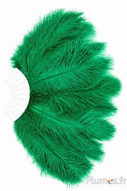 Waaier van struisvogelveren - 20 veren, wit leer - groen